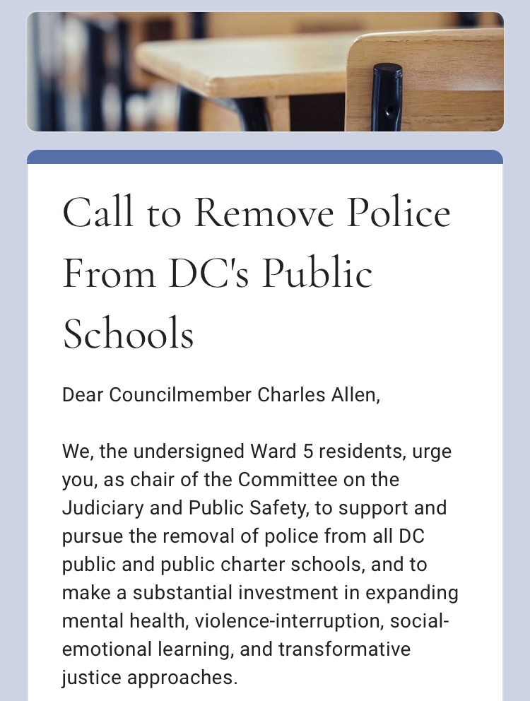 image of letter calling for police-free schools
